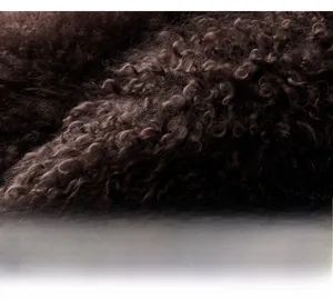 Macro shot of dark chocolate faux fox fur texture on a cashmere vest showing curly wool details