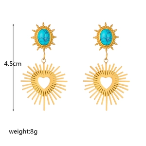 Bohemian gold sunburst and turquoise heart dangle earrings measuring 4.5cm and weighing 8g