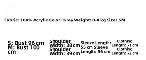 Size chart detail for grey 3-piece knit set including cardigan, top, and skirt