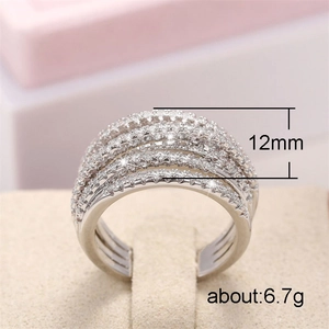 Hip hop style silver wide ring with five rows of pavé crystals for men and women