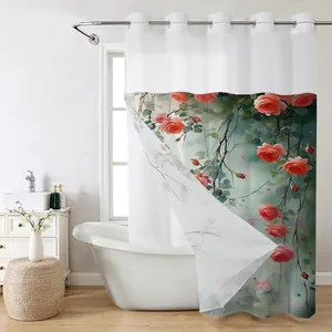 Detail showing high-quality waterproof shower curtain with elegant pink rose floral patterns