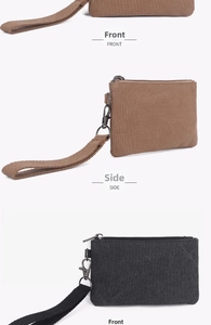 Front and side views of canvas coin purses with top zipper and wristlet strap