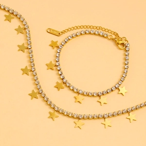 Golden star pendant tennis chain set with sparkling crystals and stainless steel finish