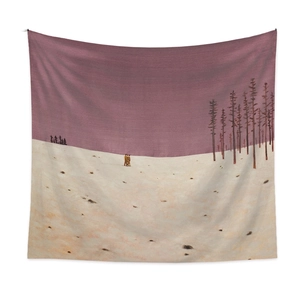 Detail view of Bohemian wall tapestry featuring minimalist snowy landscape and purple sky