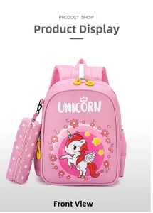 Detailed view of pink unicorn kids backpack set with matching pencil case and side mesh pocket