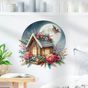 Christmas snowy cabin and moon floral wall sticker decal for cozy home decor