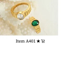 Detail of gold-plated stainless steel rings with emerald and white zircon stones