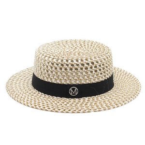 Flat top woven straw sun hat with black ribbon and rhinestone 'M' buckle decoration
