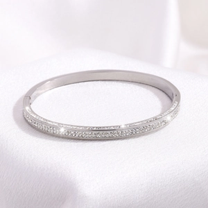 Macro shot of silver titanium steel bangle featuring double rows of sparkling crystals