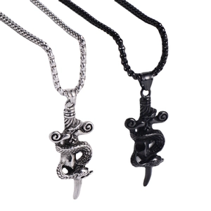 Punk style stainless steel snake wrapped sword pendant necklace in silver and black colors