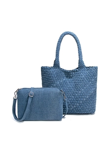 Denim blue hand-woven tote bag and small crossbody shoulder bag set for women