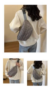 Detailed views of grey quilted chest bag shown on model from multiple angles
