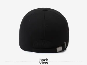 Rear view of black winter baseball cap with adjustable silver metal buckle and warm wool fabric
