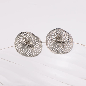 Silver geometric spiral mesh ball stud earrings in polished stainless steel for women