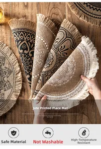Detailed macro view of bohemian jute placemat with ethnic pattern and tassel edge