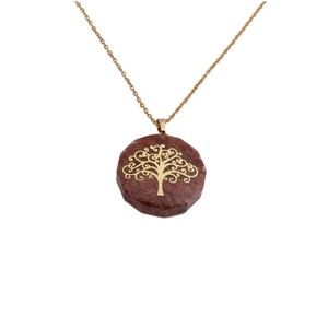 Golden Tree of Life necklace featuring round tiger eye stone pendant on white background