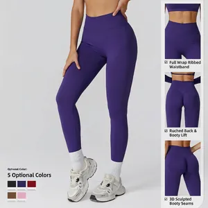 Purple high-waisted seamless scrunch butt yoga pants with ribbed waistband and lifting effect