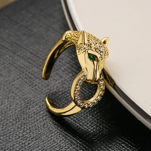 Luxury 18K gold plated leopard open ring with green zircon eyes and pavé crystals