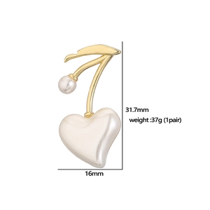 Elegant gold cherry earrings with heart-shaped pearls, measuring 31.7mm by 16mm