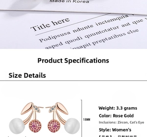 Detail view showing 18mm rose gold cherry earrings with red zircon and opal stones