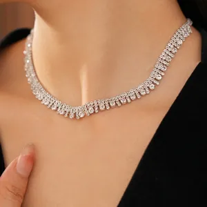 Luxury Multi Row Zircon Tassel Necklace Copper Silver Plated Fringe Clavicle Chain Vintage Palace Style Women