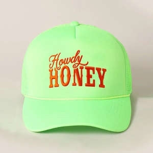 Neon green trucker hat with orange Howdy HONEY embroidery and breathable mesh back