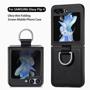 Black PU leather ultra-thin case for Samsung Galaxy Flip 4 with metal ring holder