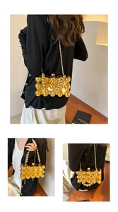 Detailed views of gold beaded metal handbag with spherical beads and chain shoulder strap