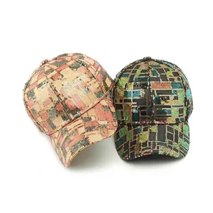 Fashionable sequin baseball caps with pink plaid and green geometric patterns on white
