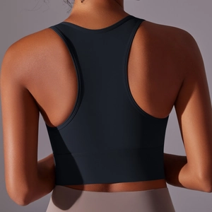 Close-up of the professional racerback design on high-elasticity black yoga sports bra