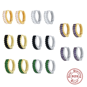 Huggie Hoop Earrings 925 Sterling Silver With Baguette Cut Zircon Rectangular Colorful Stone Minimalist For Women