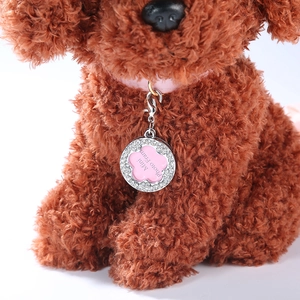 Macro shot of pink flower-shaped pet photo pendant with rhinestones on a teddy bear