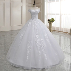 Elegant off-shoulder white ball gown wedding dress with floral lace and layered tulle