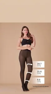 Close-up of black sheer tights showing three-stage compression levels of 9.6 to 21.0 mmHg
