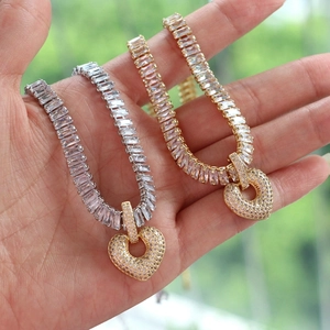 Elegant gold and silver heart pendant necklaces with rectangular cubic zirconia stones