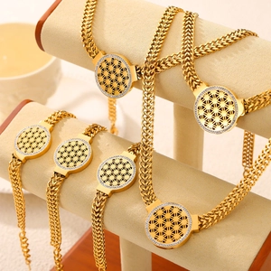 Parure Bijoux Acier au Titane Ajouré Fleur de Vie Or Chaîne Multicouche Collier Bracelet Strass Bijoux Femme Homme