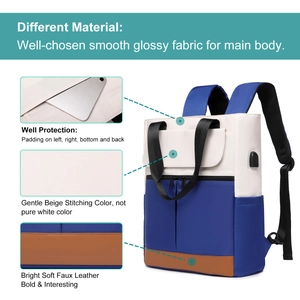 Detail of color-block travel backpack showing USB port and padded inner protection