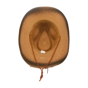 Detail view showing the interior sweatband and adjustable wind rope of the woven straw hat