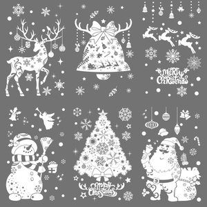 6 Christmas window decals set with white reindeer, snowman, and Santa Claus patterns