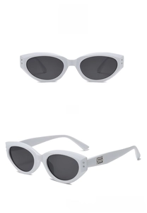 Front and side view of white cat eye sunglasses with gray lenses and metal logo detail