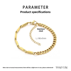 Detail view of gold stainless steel Cuban chain bracelet with rectangular bar and lobster clasp
