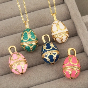 Faberge style egg pendants in 18K gold plated copper with colorful enamel and zircon stones