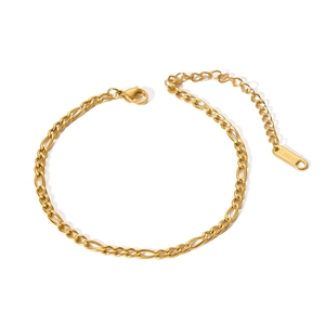 Detailed close-up of golden stainless steel Figaro chain link texture and polished finish