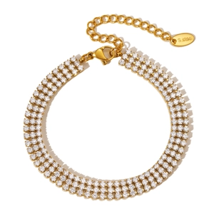 Bracelet tennis élégant en acier inoxydable plaqué or avec trois rangées de zircons