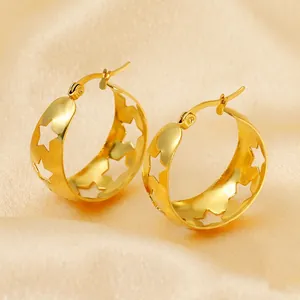 Hollow Star Pentagram Hoop Earrings 18K Gold Plated Stainless Steel INS Style Wide Curved Geometric Jewelry For Women
