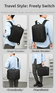 Multi-functional black business backpack showing four versatile carrying modes for travel