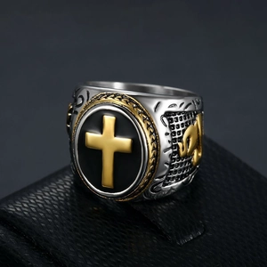 Vintage stainless steel prayer hands cross ring in gold and silver tone for men