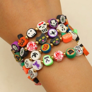 Pulseras de cuentas de arcilla polimérica de Halloween con dijes de calabaza y fantasma