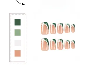 Detail of green and white floral press-on nails with French tip design and color palette