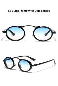 Detail view of oval punk sunglasses featuring black metal frames and blue-pink gradient lenses